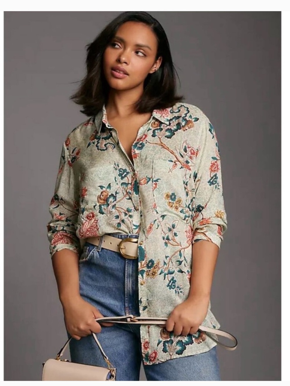 Pilcro M Floral Button-Down Shirt in Sage with Multicolor Blooms